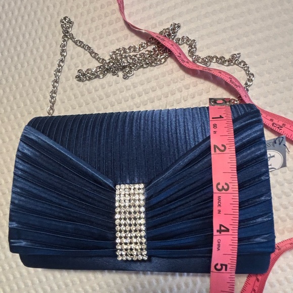 Jessica McClintock Navy Satin Pleated Clutch with Rhinestone Detail and Chain - Picture 7 of 9